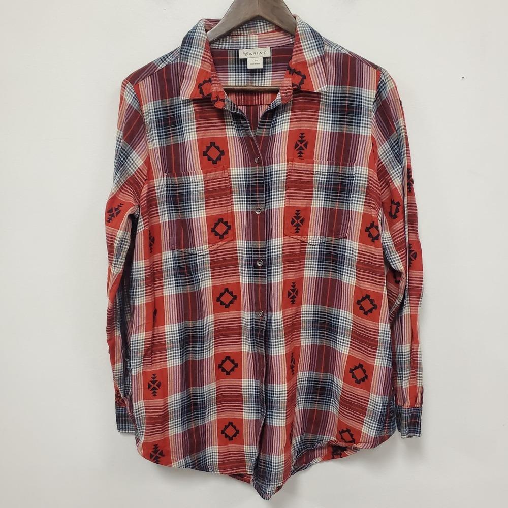 Ariat Womens Southwestern Flannel Shirt Size L Western Country Cowgirl Red Fall